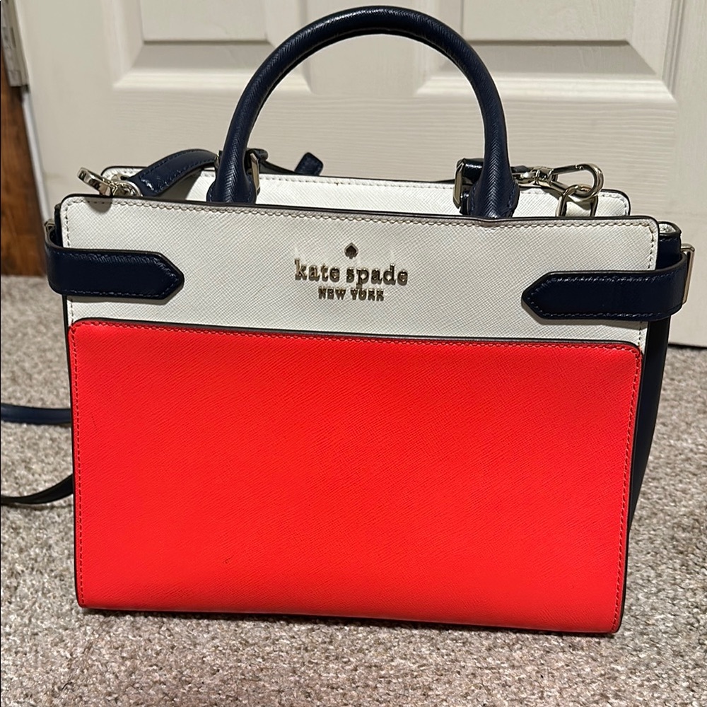 Kate Spade Bright Orange, Navy Blue and White Staci Color block Satchel - Picture 4 of 5